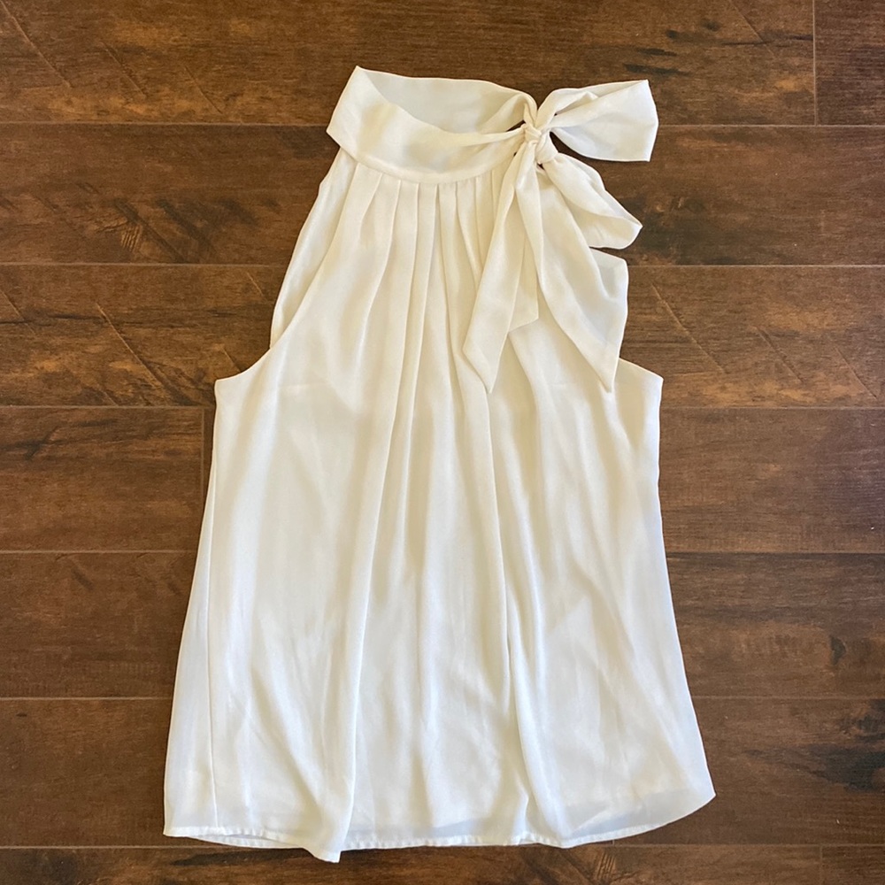 Express - Tie Neck Sleeveless Blouse - White, Lined - Small